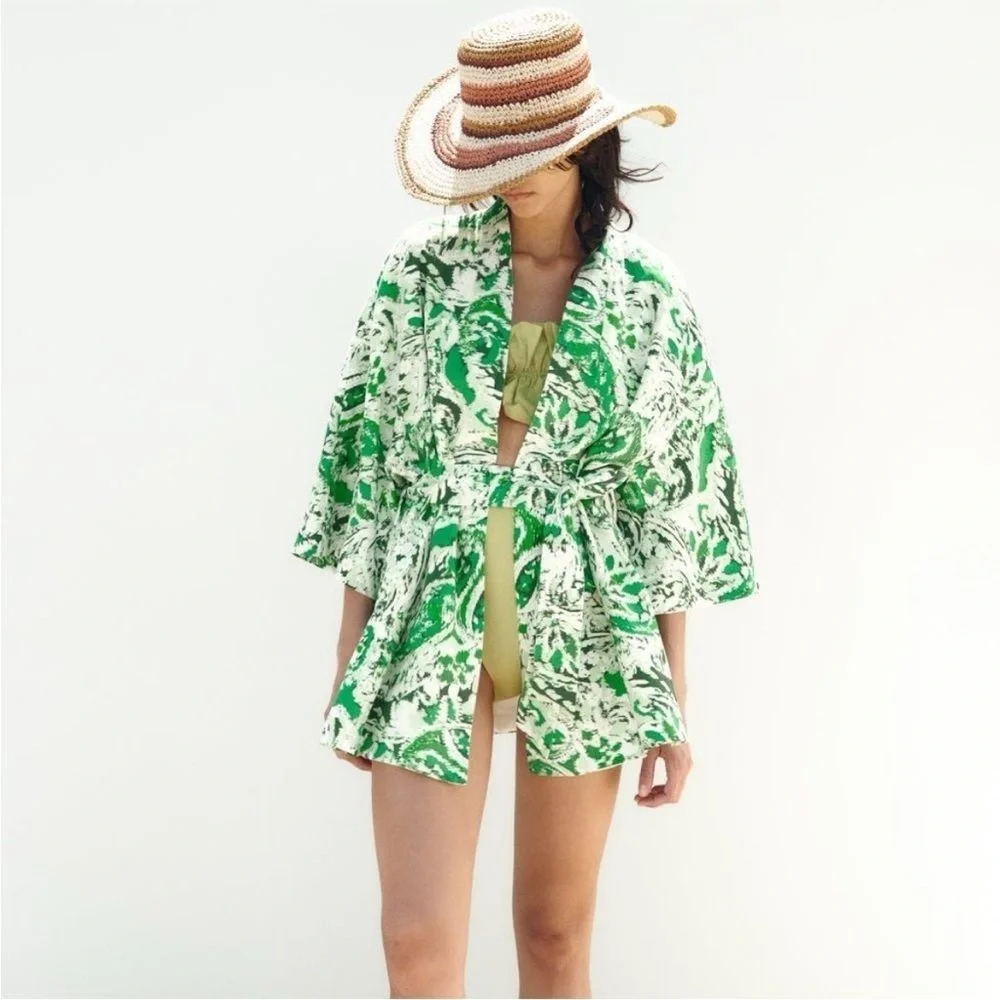 ZARA Linen Blend Printed Kimono Printed ✨ White + Green Size M/L - Picture 7 of 15